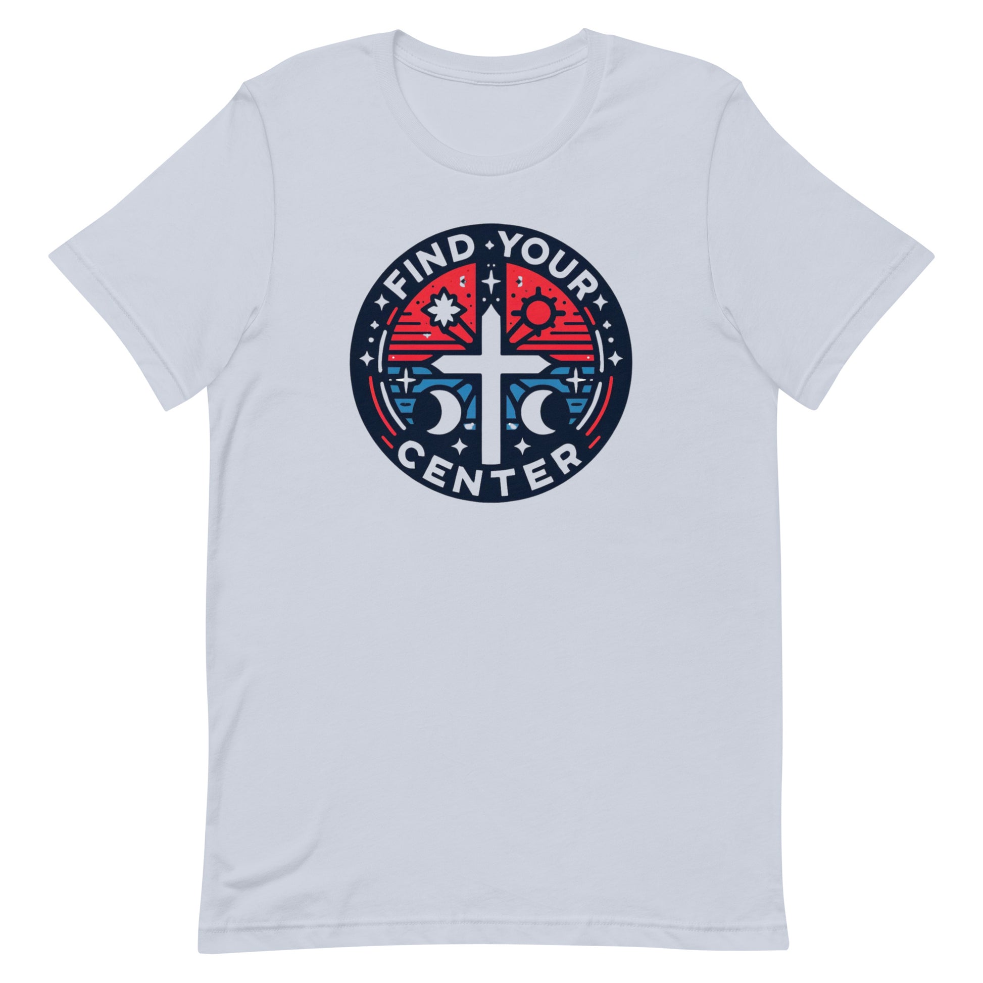 Cross with astrology symbols red white and blue graphic design t shirt