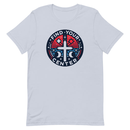 Cross with astrology symbols red white and blue graphic design t shirt