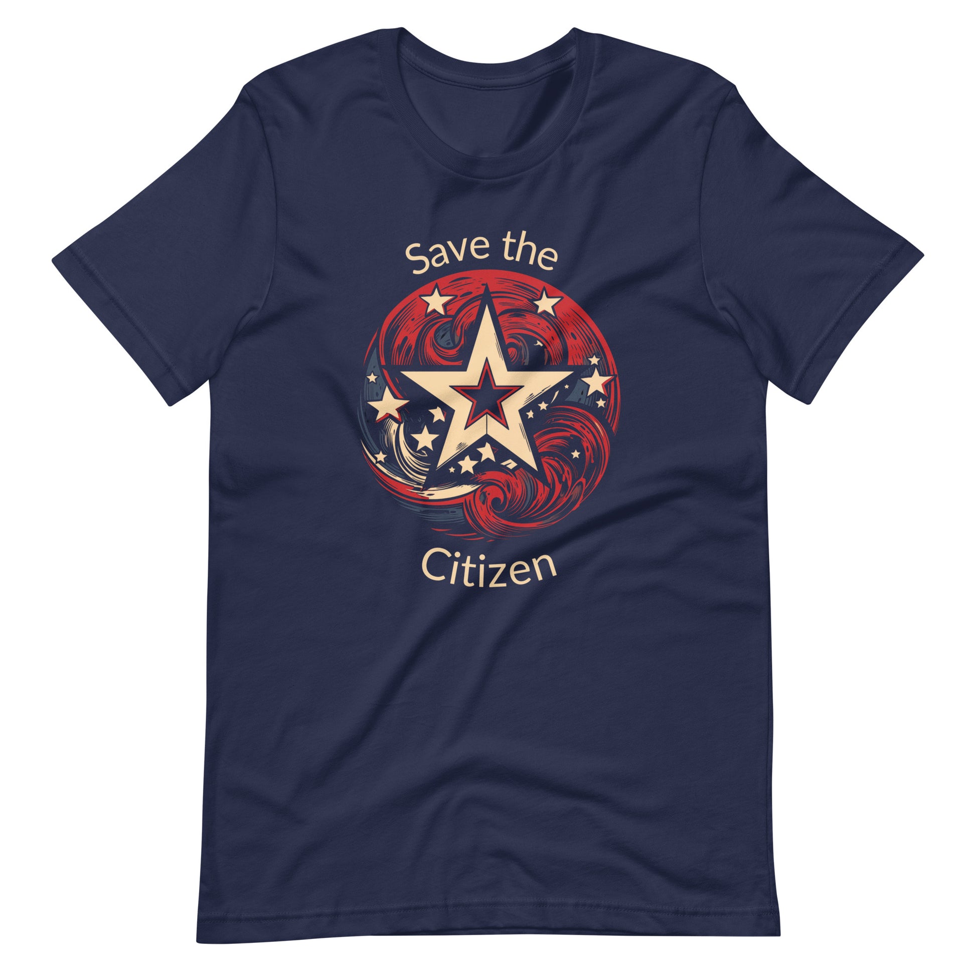 Save the citizen with a star and swirling red waves. Navy blue shirt