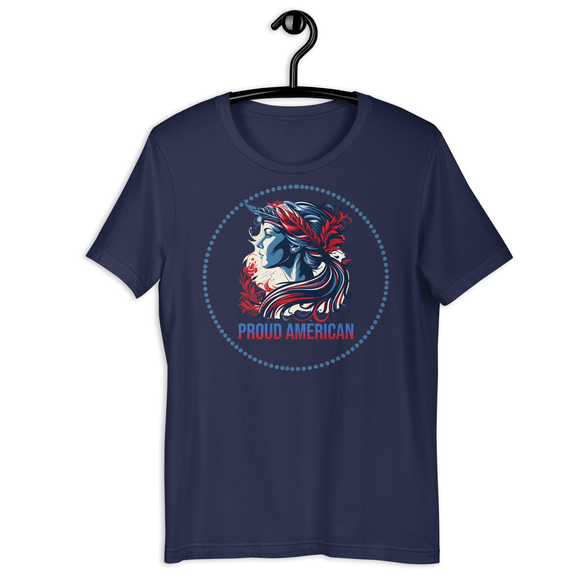 Proud American woman on a navy tshirt.