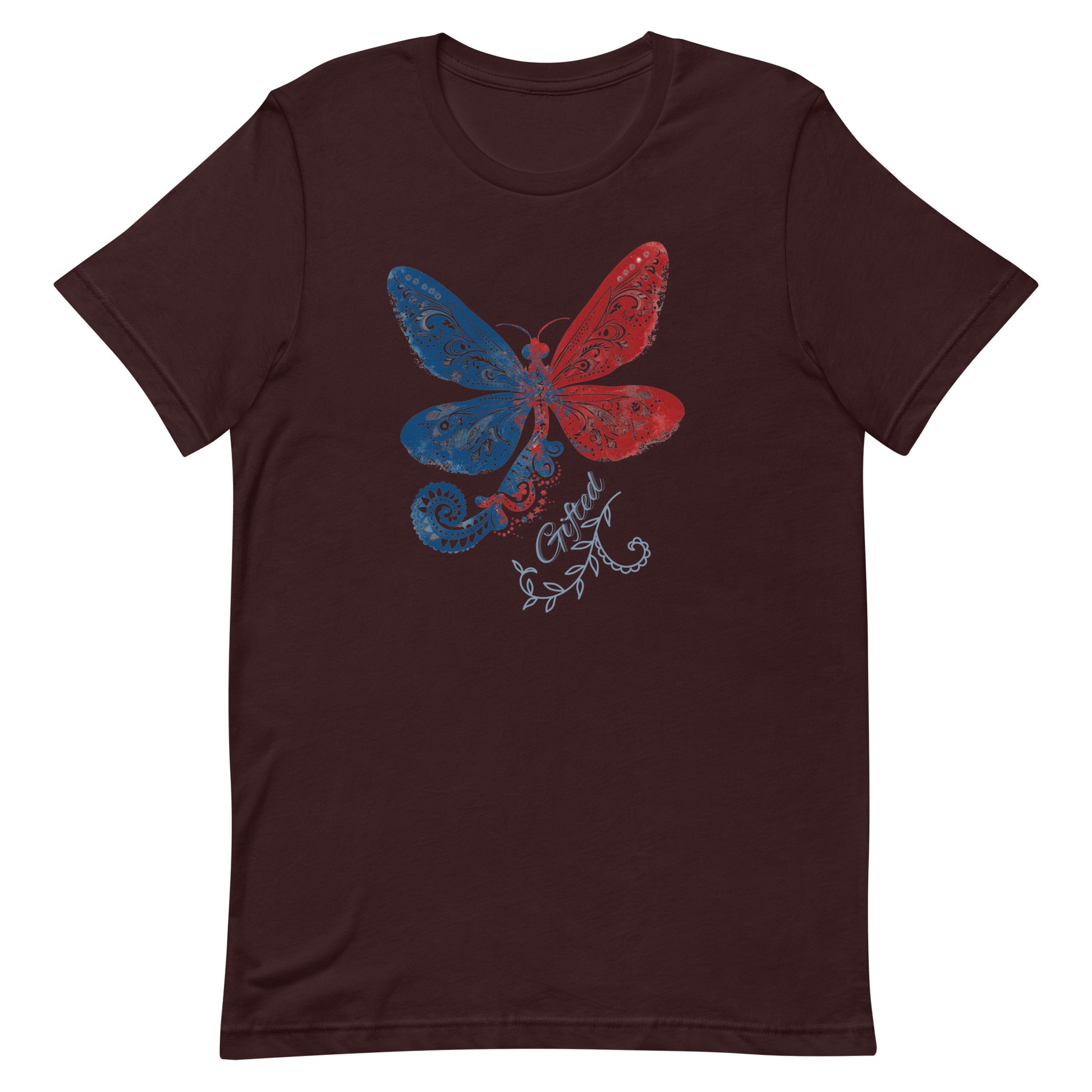 red white and blue believer tshirt with an image of a dragonfly