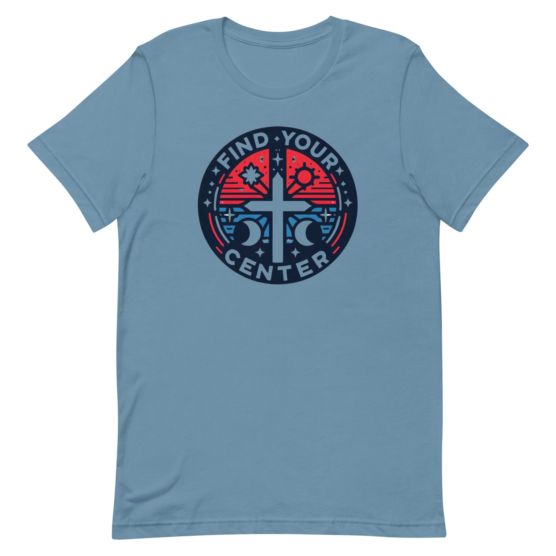 Cross with astrology symbols red white and blue graphic design t shirt