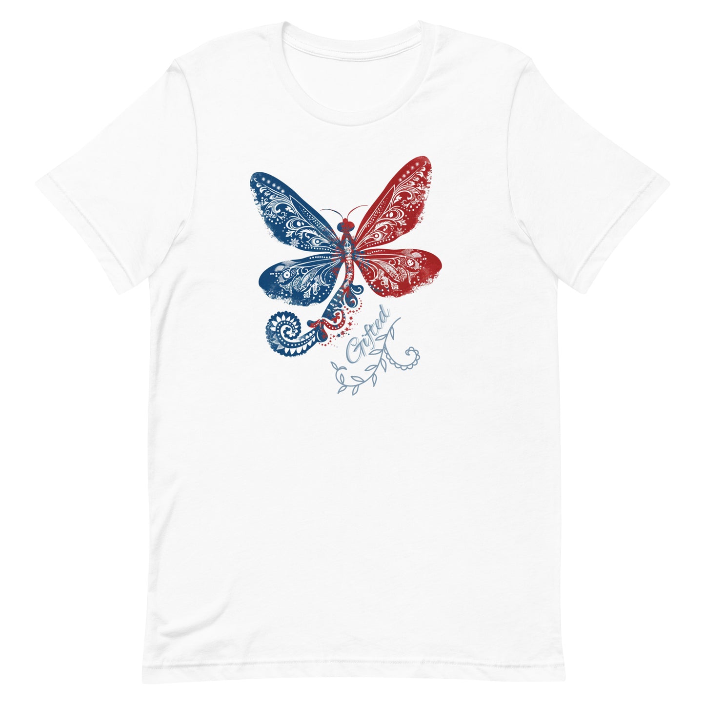 red white and blue believer tshirt with an image of a dragonfly