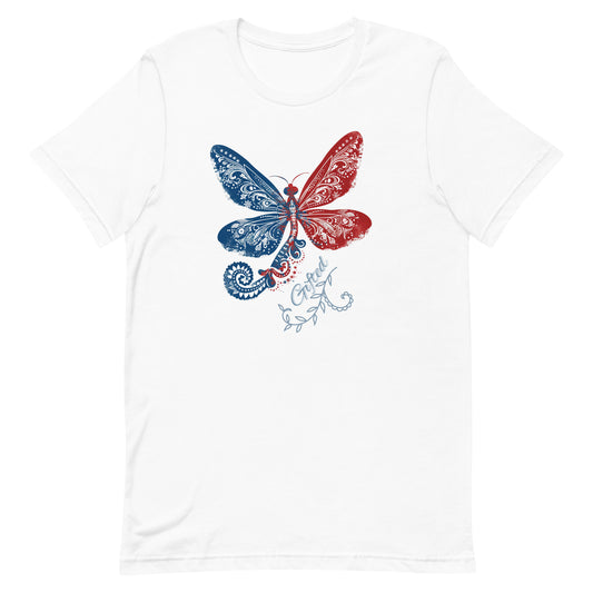 red white and blue believer tshirt with an image of a dragonfly