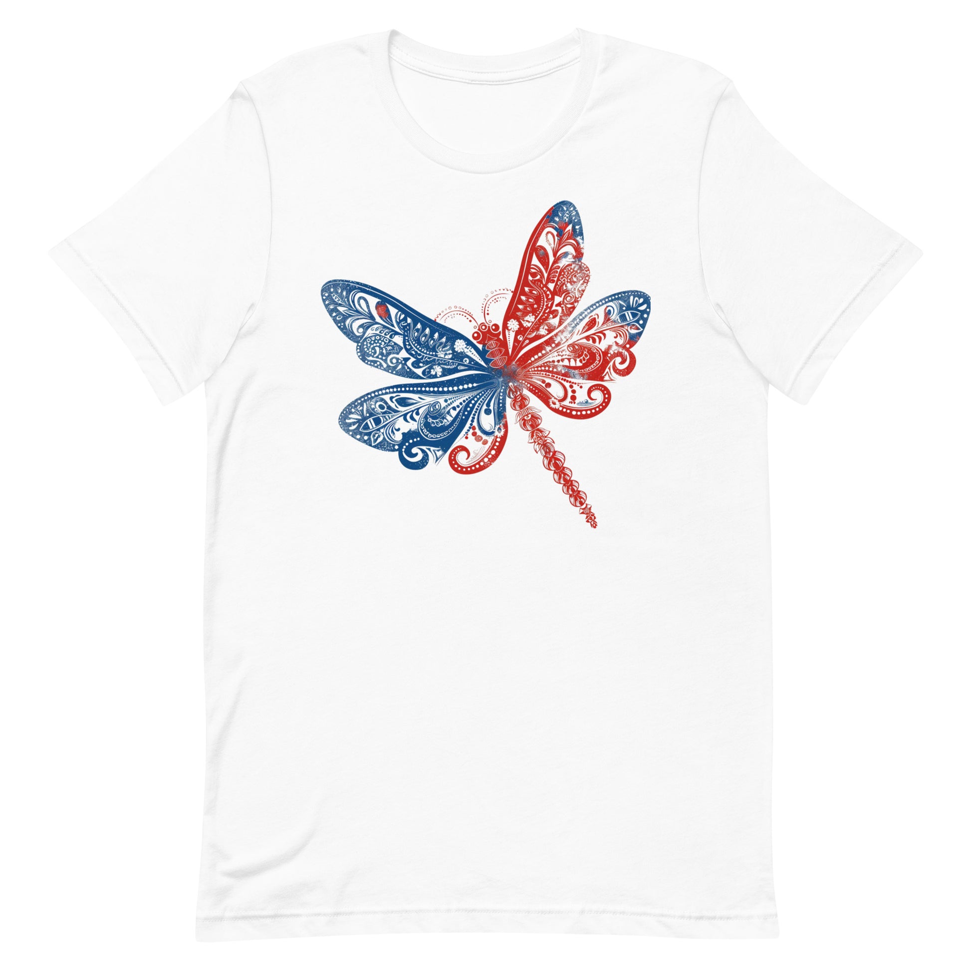 This tshirt has a vibrant red, white, and blue design featuring a graceful dragonfly is sure to catch attention.