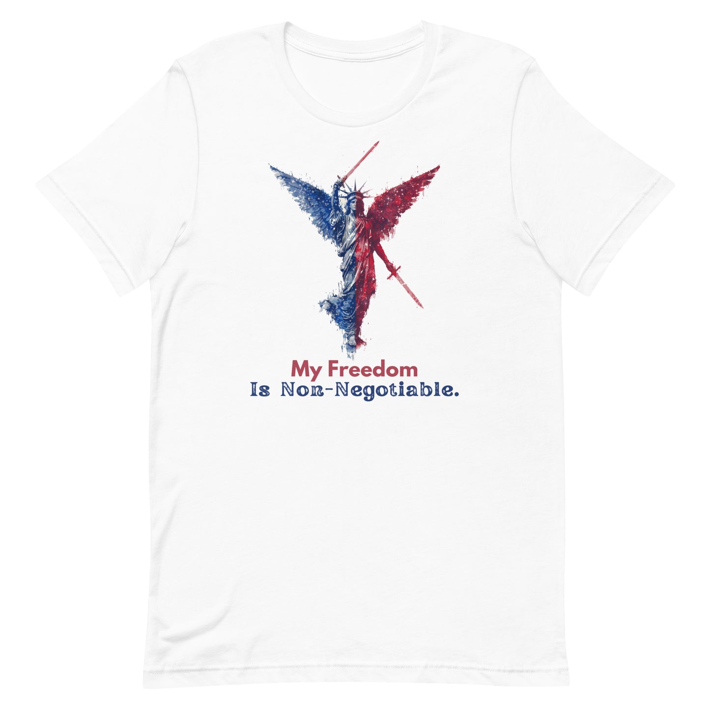 Proudly display your patriotism with the bold statement, "My freedom is non-negotiable." Made with luxurious Bella Canvas material, this t-shirt is the perfect blend of style and comfort. A must-have for any fashion-forward patriot.