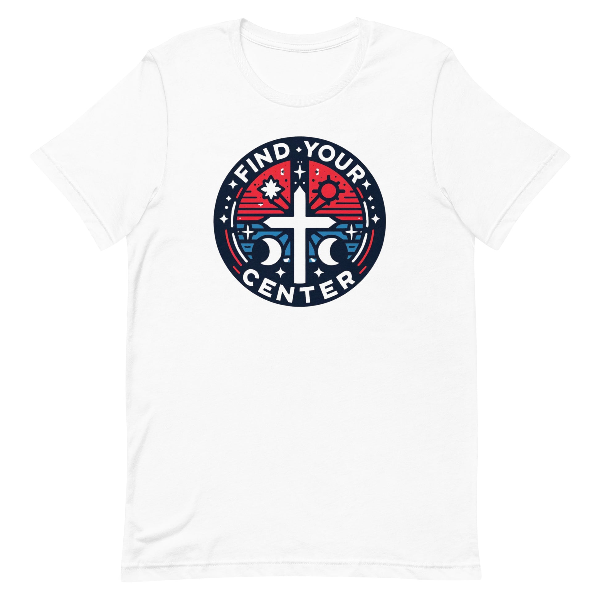 Cross with astrology symbols red white and blue graphic design t shirt