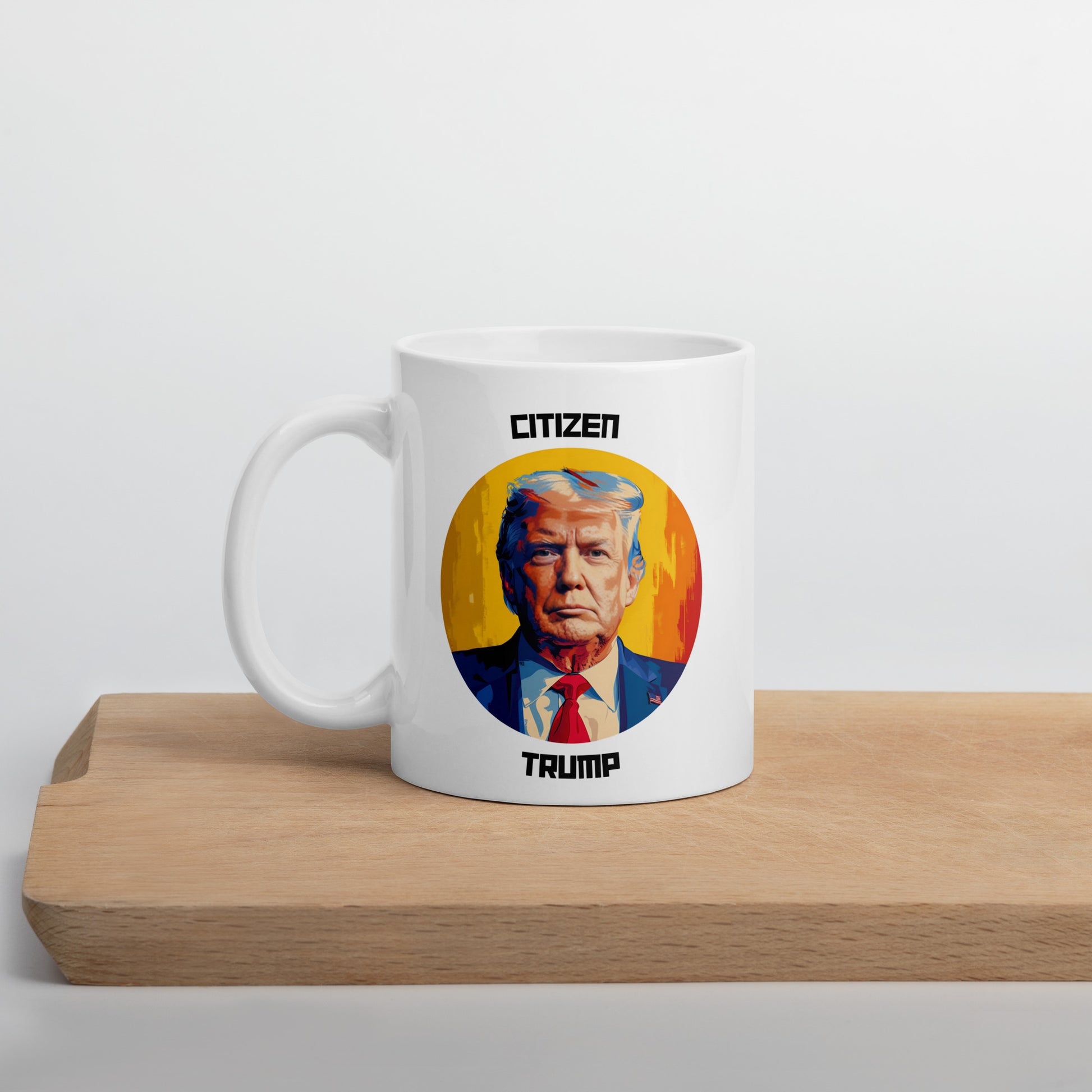 Citizen Trump mug on a colorful background.