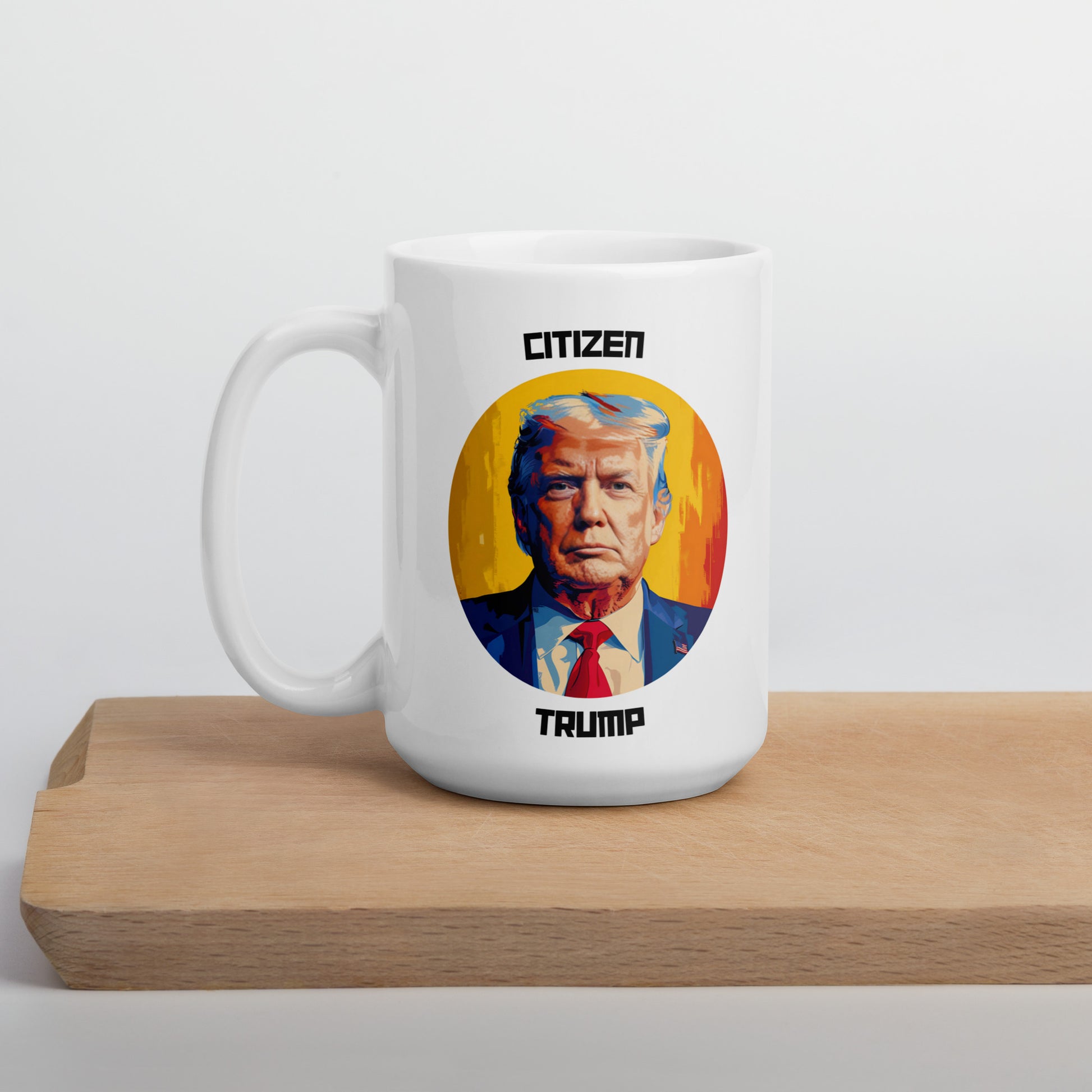 Citizen Trump mug on a colorful background.