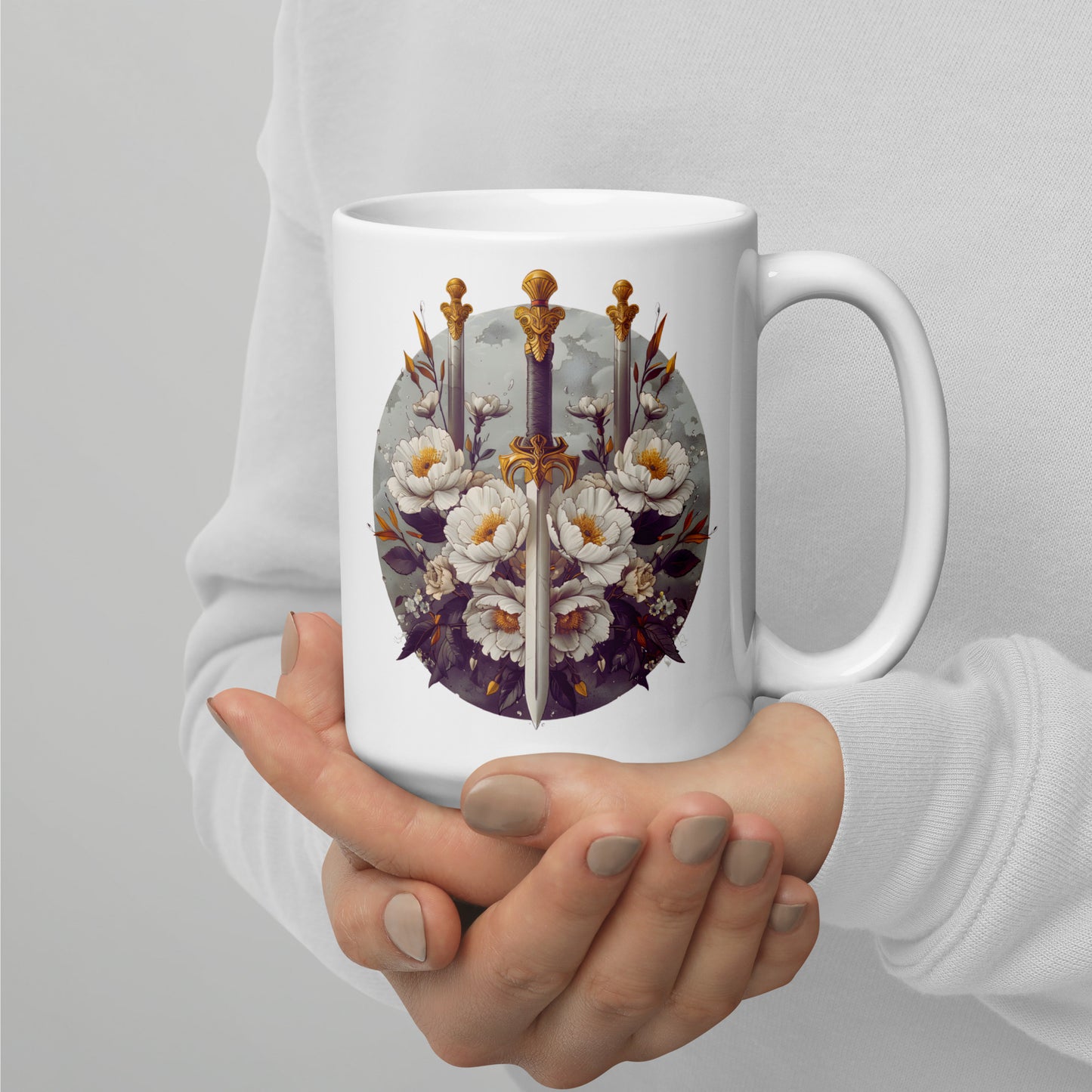 Floral Valor White glossy mug, sword and rose mug, valiant mug, knight mug, freedom is precious, freedom is special, warrior mug