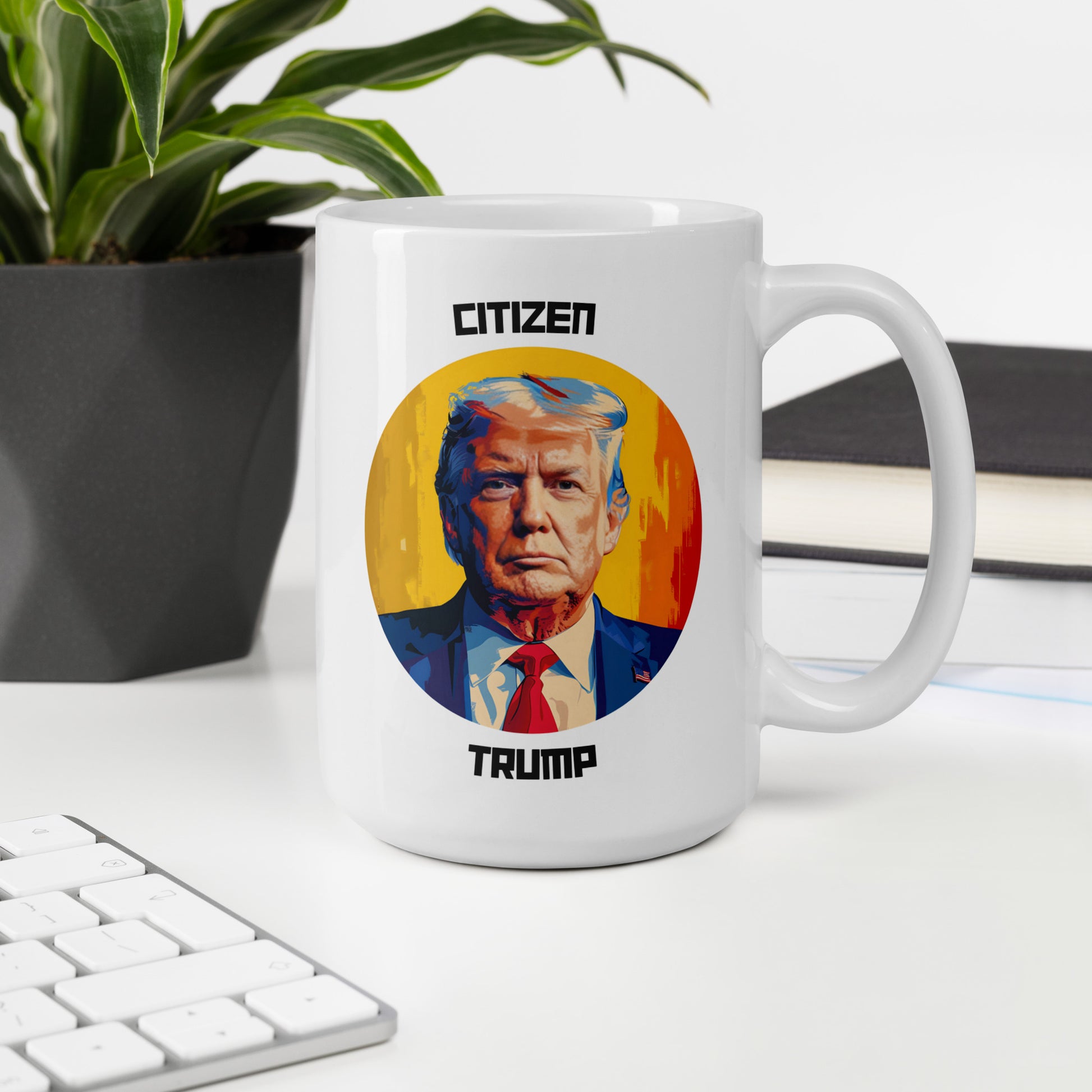 Citizen Trump mug on a colorful background.