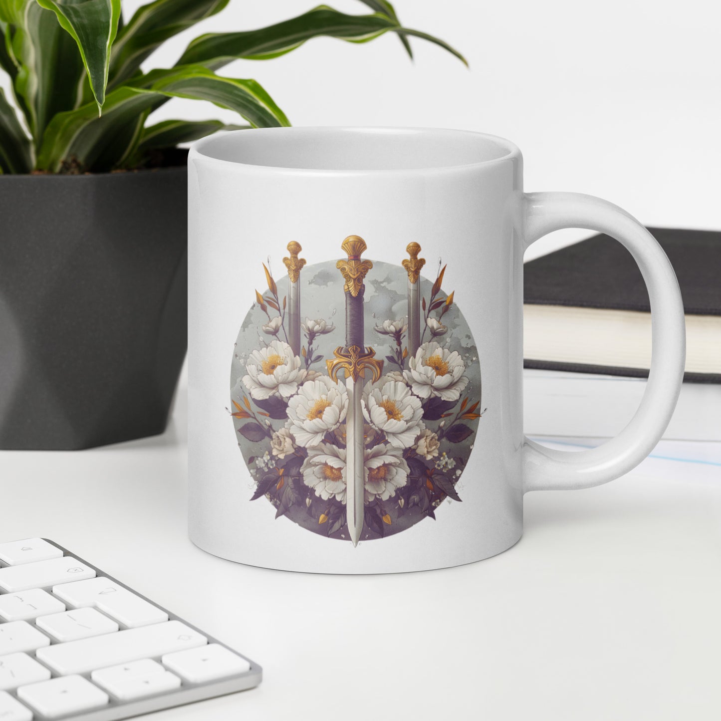 Floral Valor White glossy mug, sword and rose mug, valiant mug, knight mug, freedom is precious, freedom is special, warrior mug