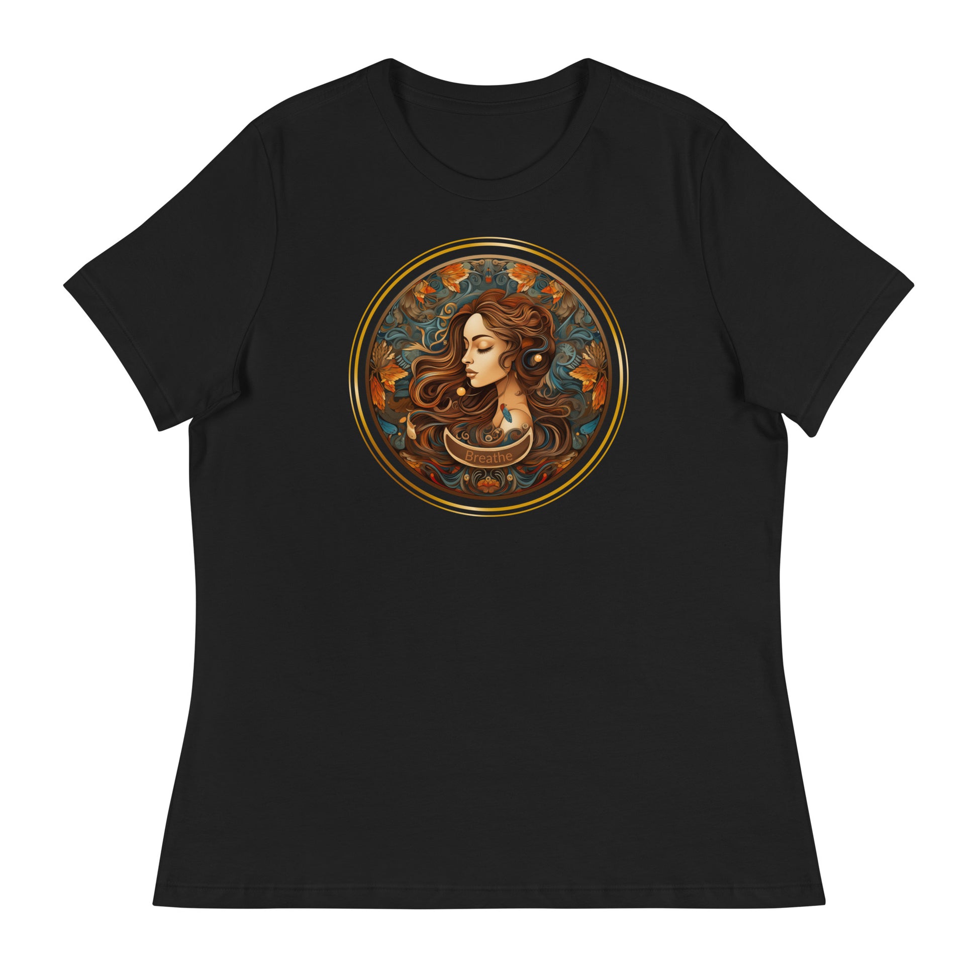 A girl in a garden, just breathing and being. black tee shirt