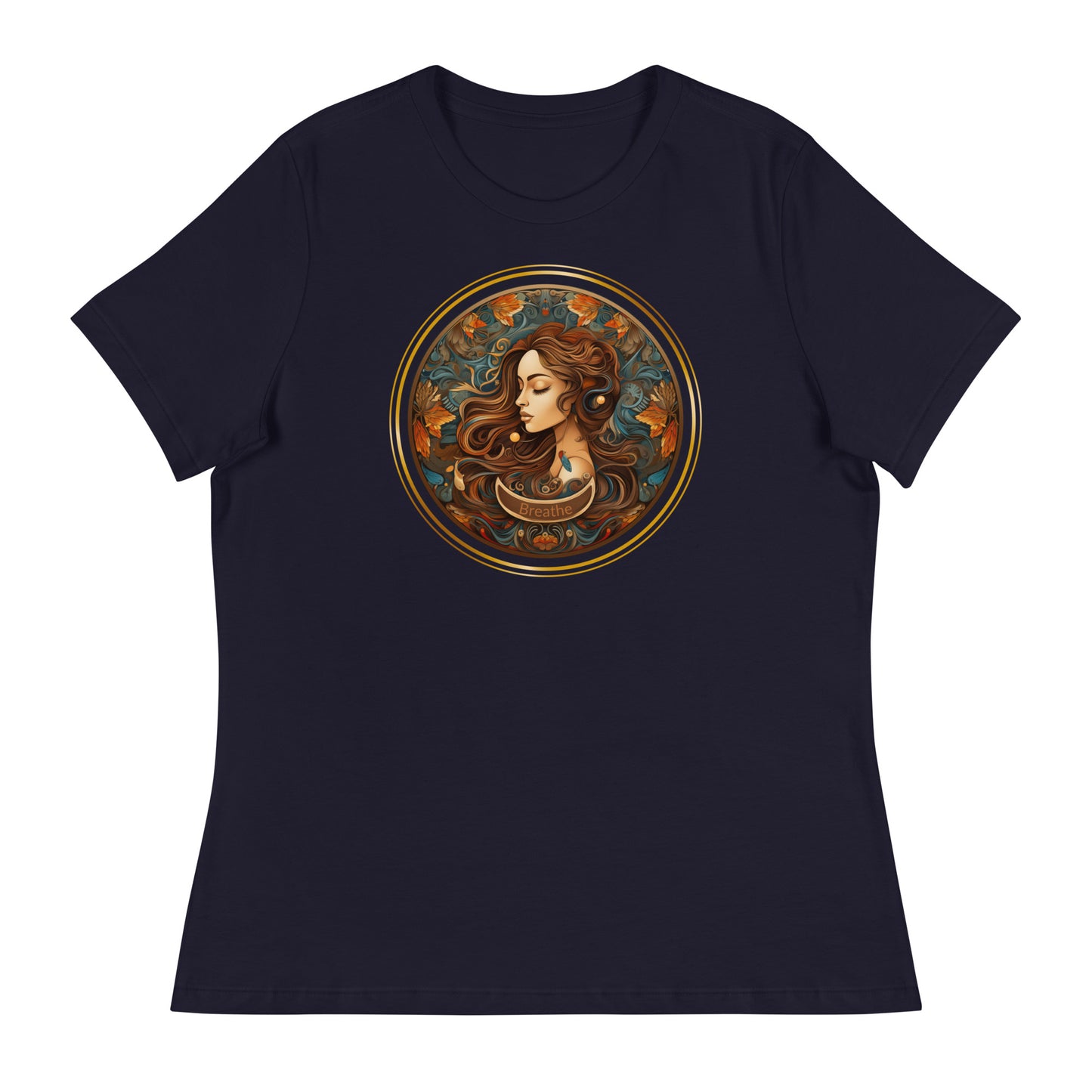 A girl in a garden, just breathing and being. navy tee shirt