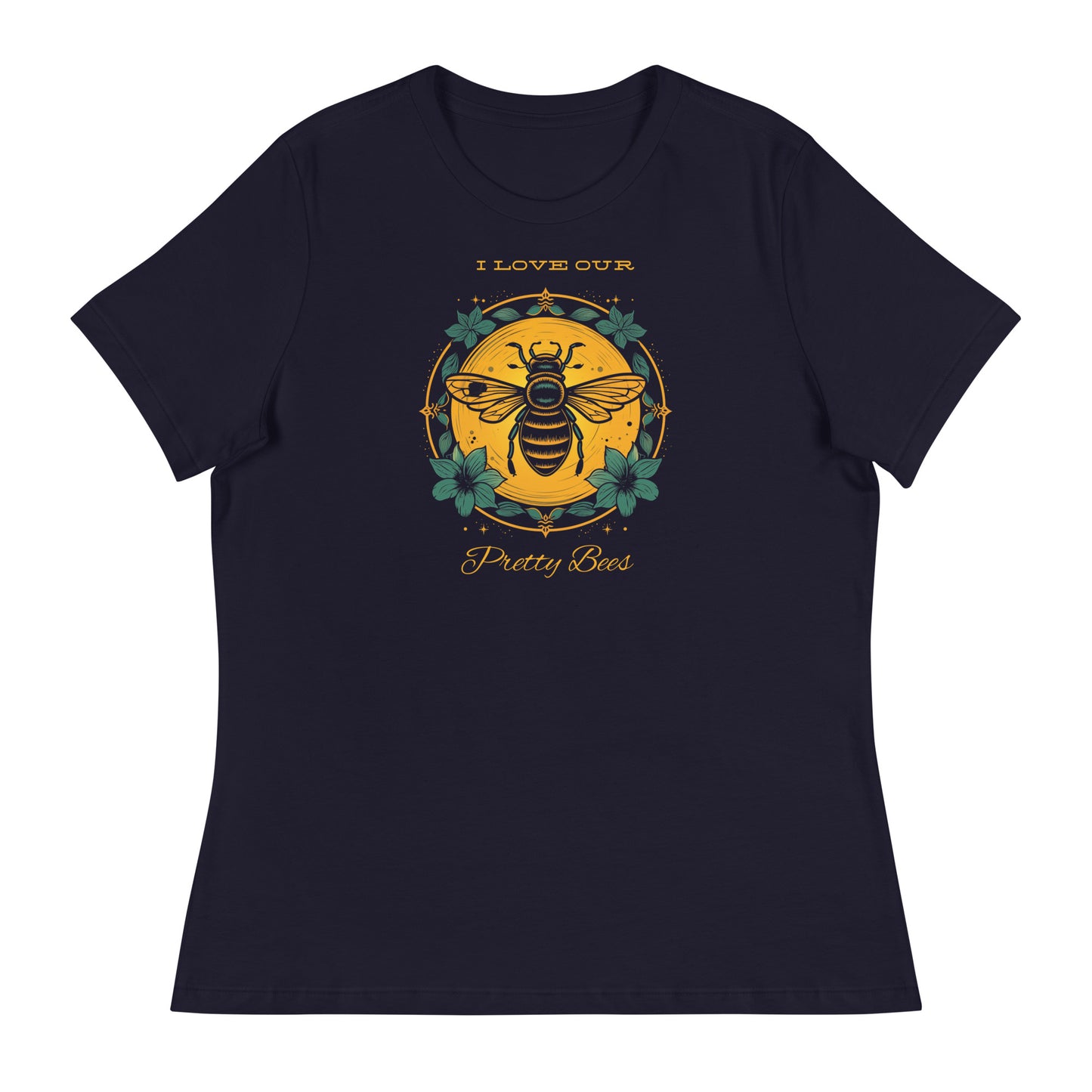 Vintage bee graphic that says "I love our pretty bees". Navy color