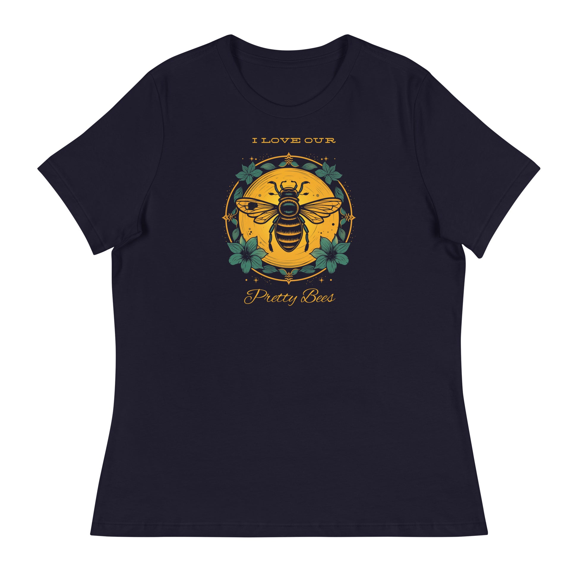 Vintage bee graphic that says "I love our pretty bees". Navy color