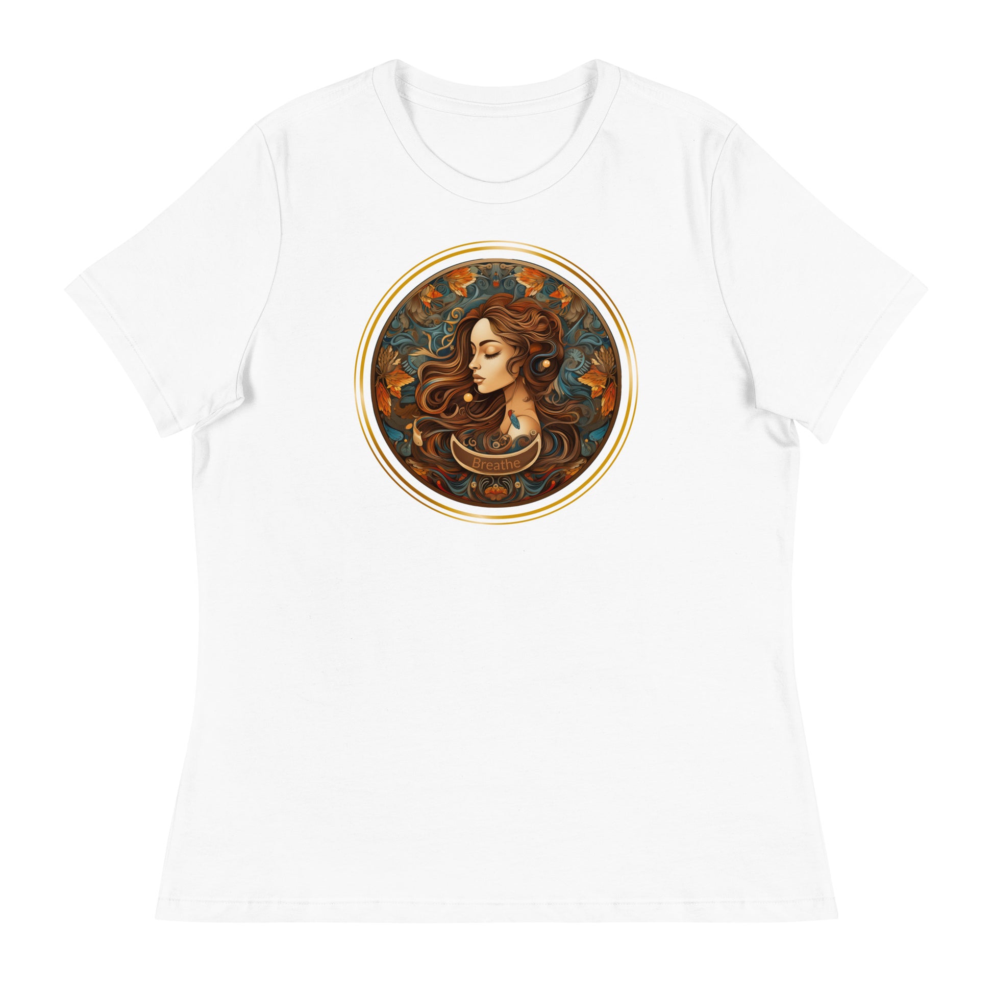 A girl in a garden, just breathing and being. white tee shirt